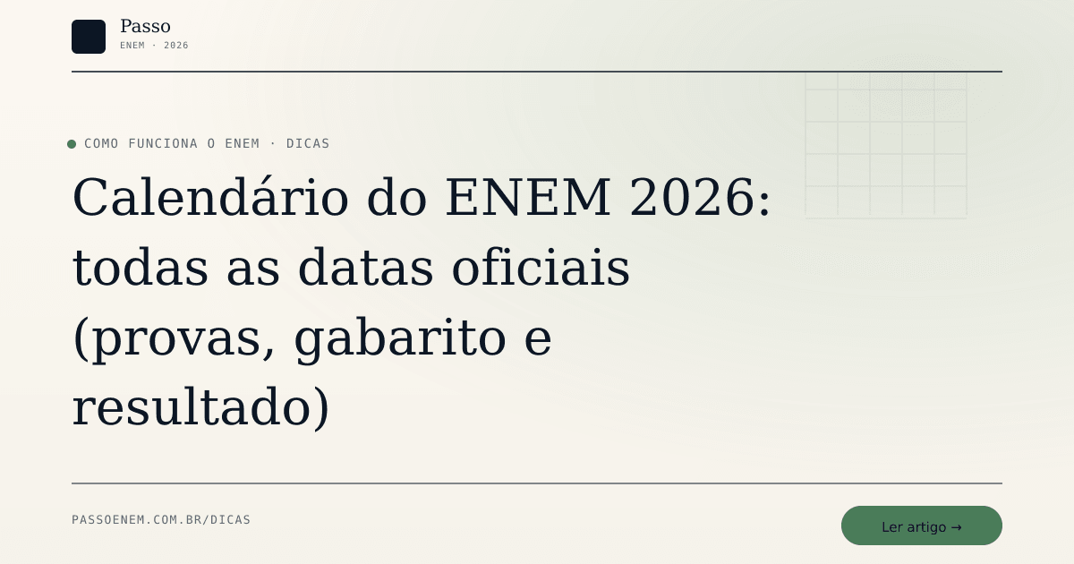 Imagem editorial para o artigo: Calendário do ENEM 2026: todas as datas oficiais (provas, gabarito e resultado)