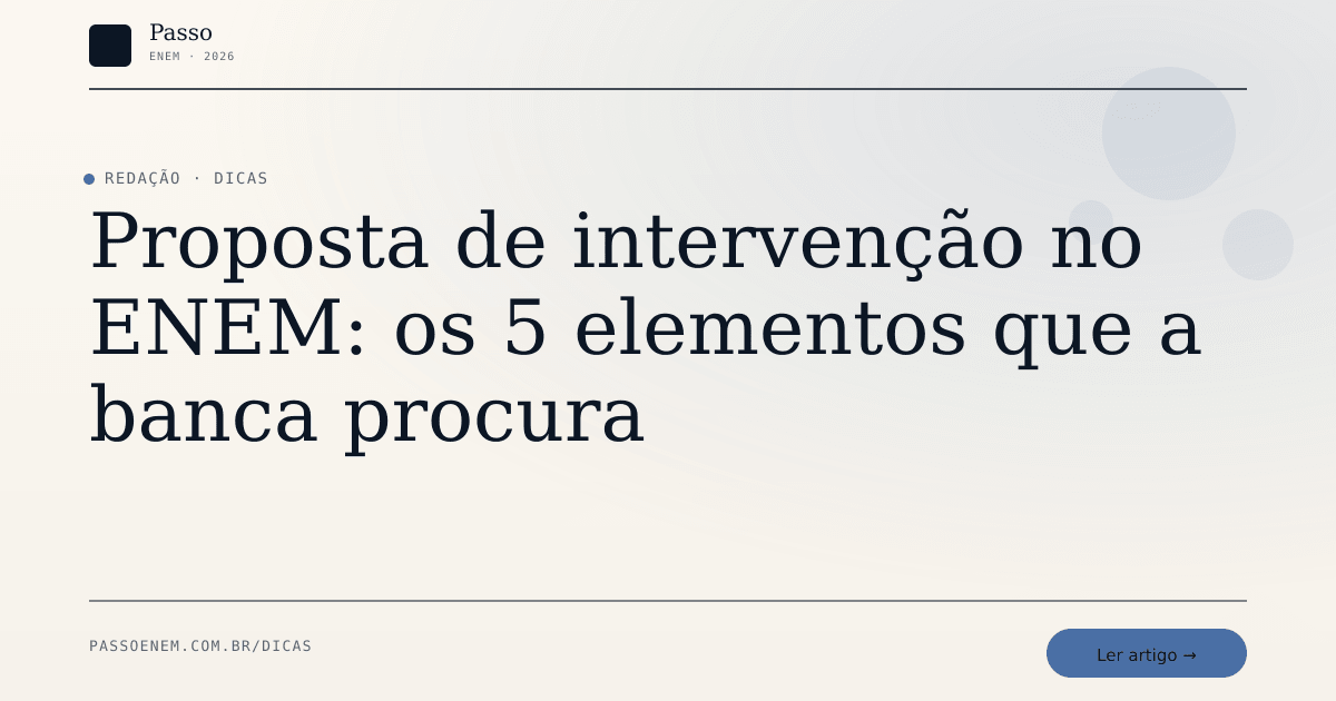 Imagem editorial para o artigo: Proposta de intervenção no ENEM: os 5 elementos que a banca procura